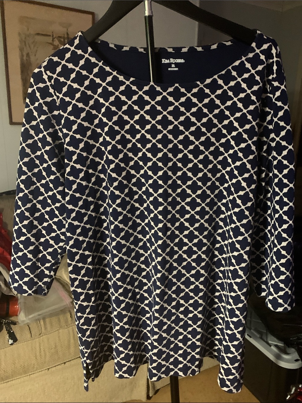 Kim Rogers Navy and White Lattice Patterned Top Sz XL